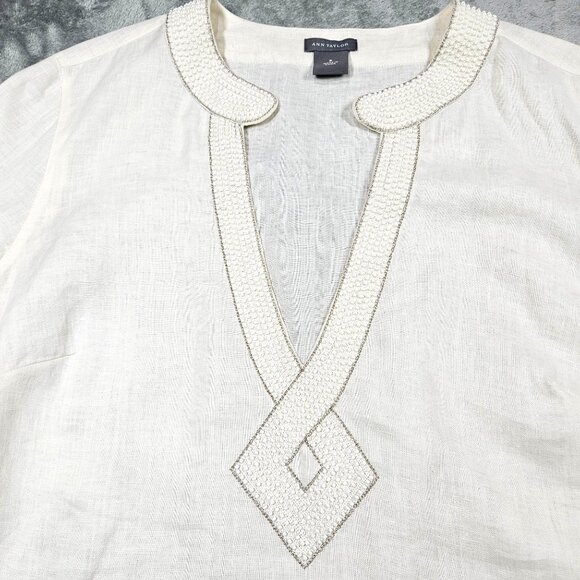 Ann Taylor Top Womens 8 Ivory Linen Beaded Beachy Boho Coastal Popover Tunic - Picture 3 of 8